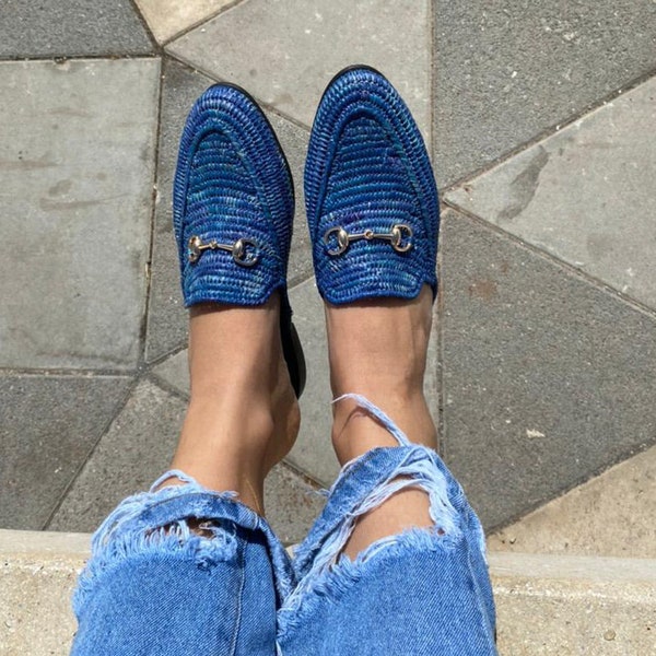 Mule blue jeans Raffia Shoes, women's sandals, , handwoven by skilled artisans Unique Style, Stylish and comfortable shoes for woman