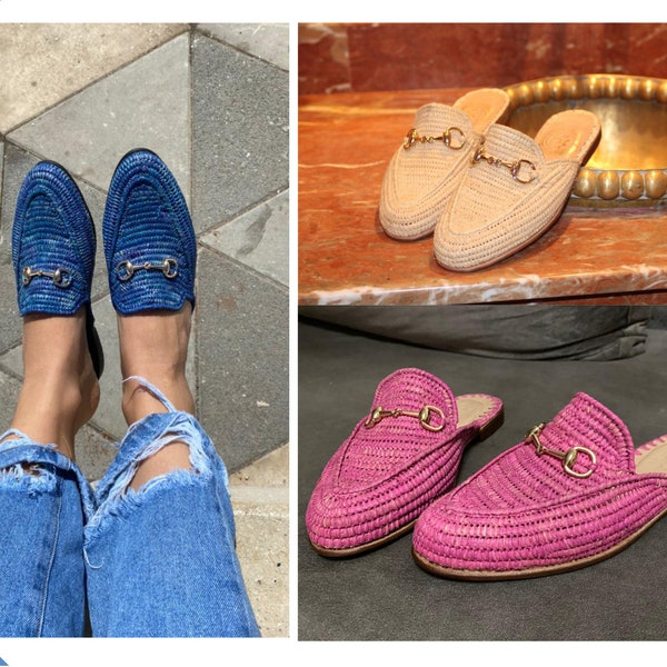 Raffia shoes, natural summer mules handmade Moroccan babouch, raffia flat, raffia slippers