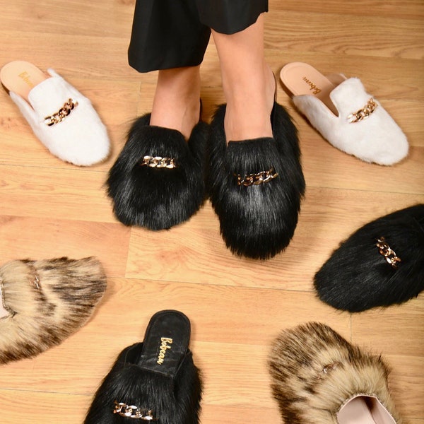 New winter fur mules, women's fur and leather sandals, babouche women's slippers hadmade, creative and cute colors, glamour model