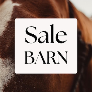 May include: A square, off-white sign with the words "Sale" and "BARN" in bold, black font. The sign is set against a blurred background of brown and white animal fur.