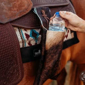 Cowhide Saddle Drink Holder, Cell Phone Holder, Western Back Cinch Gear Bag for Horseback Riders, Cowboys and Cowgirls