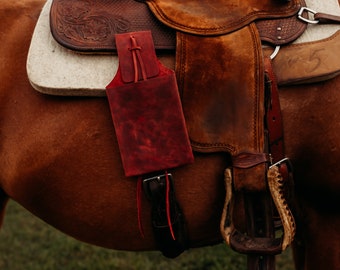 Shorty Leather Drink Holder, Saddle Cell Phone Holder, Saddle Bag, Western Gift, Personalized Rodeo Awards, Saddle Club, Wedding Gift