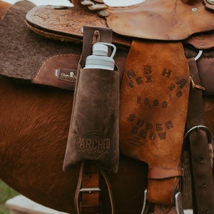 PERSONALIZED - Leather Saddle Drink Holder, Saddle Phone Holder for Ranchers, Cowboys, Cowgirls, Trail Riders, Horseback Riders, Rodeos