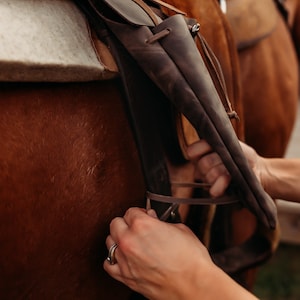 Op de afbeelding: Close-up van een bruin leren zadel op een paard. Het zadel heeft ingewikkelde details en wordt vastgezet met riemen. Een donkerbruine leren schede is aan het zadel bevestigd. De vacht van het paard heeft een rijke, roodbruine kleur.