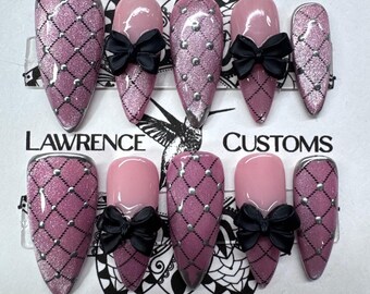 Pink Fishnet Press On Nails with Black Bows, Reusable Faux Acrylics
