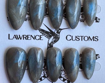 Moonstone cateye Press On Nails: Reusable Faux Acrylics, NO AI IMAGES!