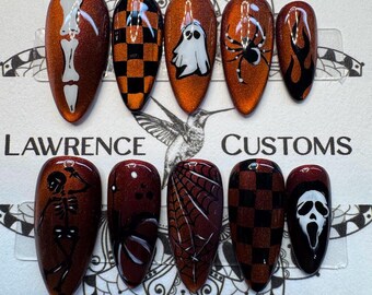 Hand-Painted Halloween themed Press On Nails, Halloween Nails, Freestyle Halloween Nails