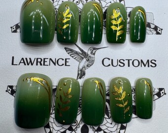 Hand-Painted Ombre Green and Gold Chrome Press On Nails, Gold Foil Chrome Vine and lines