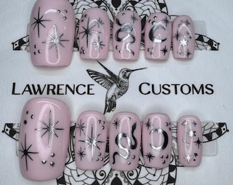 Pink Witchy Press On Nails, Celestial Nails: Reusable Faux Acrylics, NO AI IMAGES!
