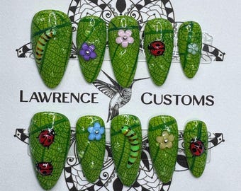 Hand-Painted Ladybug Caterpillar Leaf Press On Nails, Cottagecore Fairy Art Set