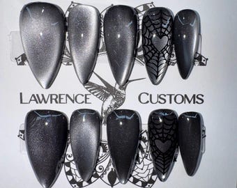 Sliver Chrome Cat Eye Goth Nails, Hand-painted Press On Faux Acrylics