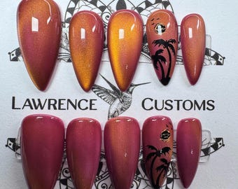 Tropical Cateye Summer Press On Nails: Reusable Faux Acrylics, NO AI IMAGES!