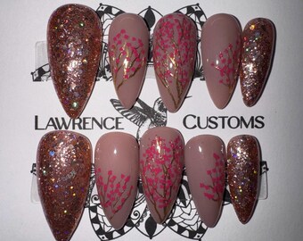 Glitter and Gold Cherry Blossoms Press On Nails: Reusable Faux Acrylics, NO AI IMAGES!