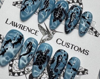 Ocean Blue Sea Waves Cat Eye Nail Press On Nails: Reusable Faux Acrylics, Ocean Silhouette Nails