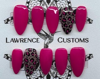 Neon Pink Leopard Print Press On Nails: Reusable Faux Acrylics, NO AI IMAGES!