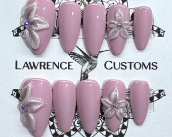 Pink 3d flower Press On Nails: Reusable Faux Acrylics, NO AI IMAGES!