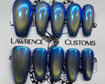 Metallic Blue chrome cateye Press On Nails: Reusable Faux Acrylics, NO AI IMAGES!