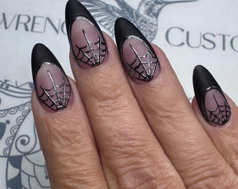 Hand-Painted Spiderweb Black French Press On Nails, Chrome Spiderweb nails, Goth Nails, Halloween Nails