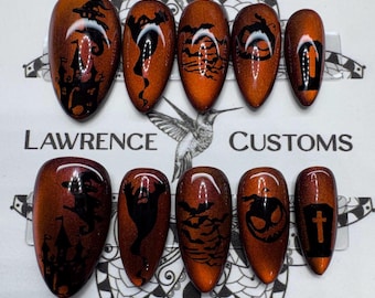 Handmade Orange and Black Halloween Silhouette press on cat eye nails, Halloween Nails, Halloween Press On Nails