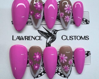 Pink Flower V french Press On Nails: Reusable Faux Acrylics, NO AI IMAGES!