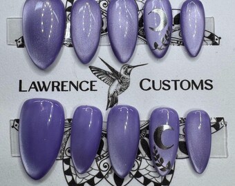 Hand-Painted Lavender Cateye Silver Moon Press On Nails,  Celestial Witchy Nail Art Set