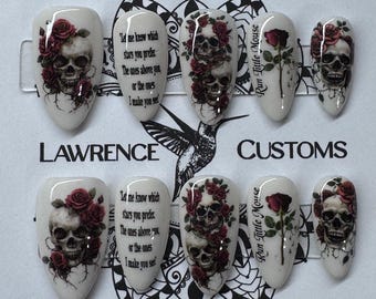 Skulls Roses Nails, Dark Romance Book Inspired Press On Nails, Reusable Faux Acrylics