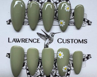 Sage Green with Daisies Press On Nails: Reusable Faux Acrylics, NO AI IMAGES!