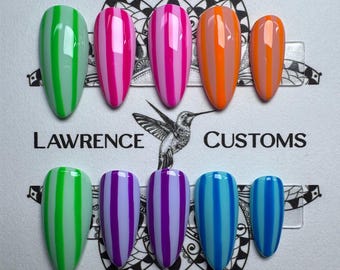 Neon and Pastel Stripes Press On Nails: Reusable Faux Acrylics, NO AI IMAGES!