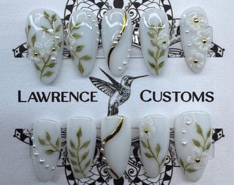 3D White Floral Press On Nails, Sage Vine Accents, Wedding Pearl Nails