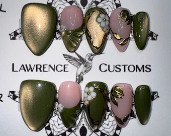 Hand-Painted Sage Cat eye and Gold Chrome Press On Nails, Cottage core Fairy Art Set
