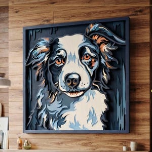 May include: A multi-layered wall art piece featuring a stylized dog portrait in shades of blue, white, and cream. The artwork is framed in a dark blue border and includes the text DXF, AI, SVG, and DIGITAL CUTTING FILE.