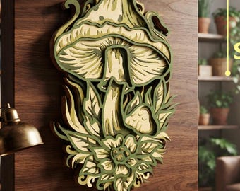 May include: A multi-layered wooden wall art piece featuring a detailed mushroom design with green and cream tones. The artwork is displayed on a dark wood panel. Text on the right side reads DXF AI SVG, indicating a digital file for laser cutting.