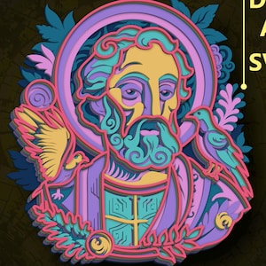 Puede incluir: Un diseño de arte en papel en capas que presenta a un santo con un halo, barba y pájaros. La obra de arte utiliza tonos de morado, azul, amarillo y verde. El texto en la imagen dice "DXF AI SVG" y "DIGITAL CUTTING FILE".