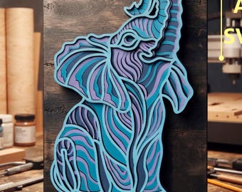 May include: A multi-layered wooden wall art piece featuring a stylized elephant design in shades of blue and purple. The artwork is mounted on a dark wooden board. Text on the right side reads DXF, AI, SVG, and text at the bottom reads DIGITAL CUTTING FILE.