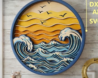 Waves. Landscape Multilayer SVG. CNC. Cricut. Paper cutting. Laser cut file. 3D layer. Glowforge.