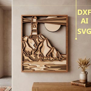 May include: A multi-layered wooden wall art piece featuring a lighthouse on a rocky cliff with a circular moon and light beams. The design includes text reading DXF, AI, SVG, and DIGITAL CUTTING FILE. The artwork uses various shades of brown wood.