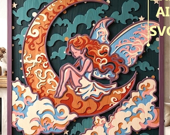 Fairy on Moon Multilayer SVG. CNC. Cricut. Paper cutting. Laser cut file. 3D layer.