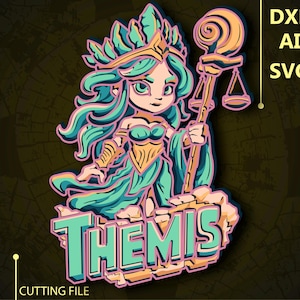 Puede incluir: Ilustración digital en capas de Temis, la diosa griega de la justicia, en tonos turquesa, dorado y rosa. Sostiene una vara con balanza y está sobre una nube. La palabra "THEMIS" está debajo, con el texto "CUTTING FILE" y "DXF AI SVG".