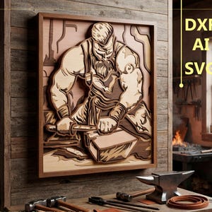 May include: A multi-layered wooden wall art piece depicting a blacksmith working at an anvil. The artwork features a bearded figure in an apron, crafted with various wood tones. The image includes the text DXF, AI, SVG, and DIGITAL CUTTING FILE.