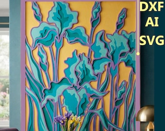 May include: A multi-layered wall art design featuring stylized iris flowers in shades of teal, turquoise, and purple against a solid yellow background, framed in a purple border. The text DXF, AI, SVG, and DIGITAL CUTTING FILE is visible.