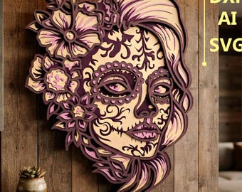 Sugar Skull Girl Multilayer SVG. CNC. Cricut. Paper cutting. Laser cut file. 3D layer.