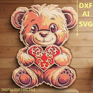 Teddybärherz, mehrlagig, SVG. CNC-gefräst. Cricut-gefräst. Papierschnitt. Laserschnittdatei. 3D-Ebene.
