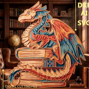 May include: A layered wooden dragon sculpture in shades of blue, orange, and natural wood tones, perched atop a stack of books. The image includes the text "DXF AI SVG" and "DIGITAL CUTTING FILE".