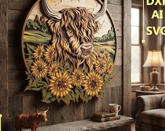 Highland Cow with Sunflowers Multilayer SVG. CNC. Cricut. Paper cutting. Laser cut file.