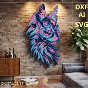 May include: A multi-layered wall art piece featuring a stylized cat head in vibrant shades of pink, blue, and dark purple. The design includes the text DXF, AI, SVG, and DIGITAL CUTTING FILE. The artwork is displayed on a textured brick wall.