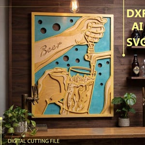 Könnte beinhalten: Ein mehrschichtiges Wandbild aus Holz, das eine Hand zeigt, die Bier aus einem Zapfhahn in ein Glas füllt, mit dem eingravierten Wort Beer. Das Design enthält ausgeschnittene Kreise und einen türkisfarbenen Hintergrund als digitale Schneidedatei.