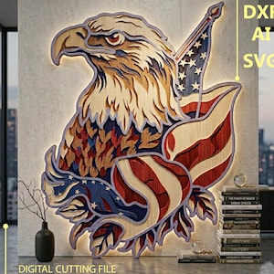 May include: A layered wooden wall art piece featuring an eagle, American flag, and heart design. The artwork incorporates red, white, and blue colors, with the text "DIGITAL CUTTING FILE", "DXF", "AI", and "SVG".