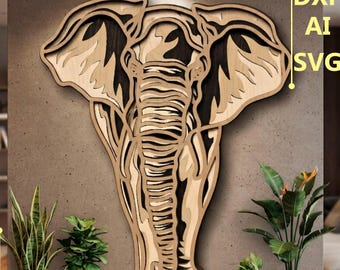 May include: A multi-layered wooden wall art piece depicting an elephant head in profile, featuring light and dark wood tones with intricate cut-out details. The text DXF, AI, and SVG is displayed in the upper right corner of the image.