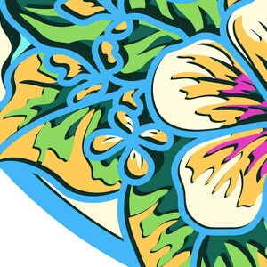 May include: A circular graphic illustration featuring a stylized flower with cream-colored petals, bright pink centers, and vibrant green and yellow leaves. The entire design is outlined in a bold, bright blue border against a cream background.