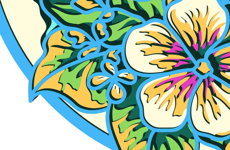 May include: A circular graphic illustration featuring a stylized flower with cream-colored petals, bright pink centers, and vibrant green and yellow leaves. The entire design is outlined in a bold, bright blue border against a cream background.